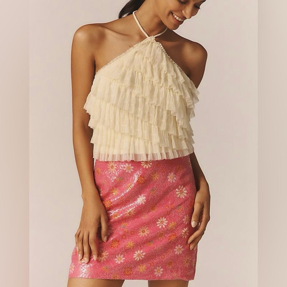 FARM Rio x Anthropologie Pink Sequined Floral Mini Skirt Size Small NWT